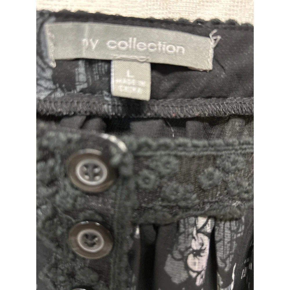 NY Collection Womens Black White Damask Chiffon Blouse Crochet Lace Trim Large - Picture 5 of 8